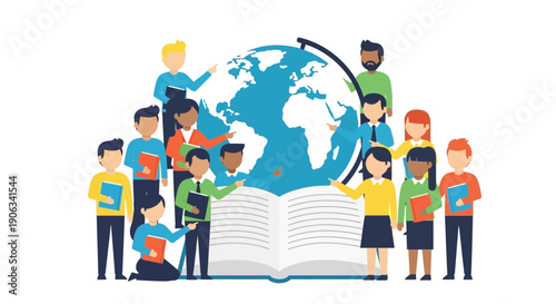 Global Education Concept: Diverse People Learn Around Earth Globe and Book