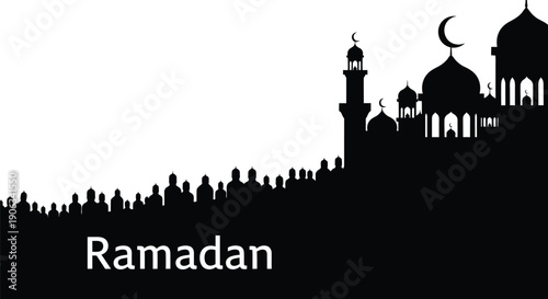 Ramadan Silhouette of Mosque with Crescent Moon and Cityscape at Night