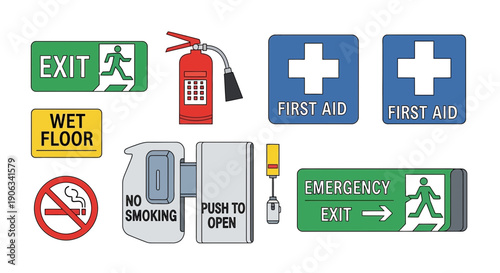Safety Signs Collection: Exit, First Aid, Fire Extinguisher, No Smoking
