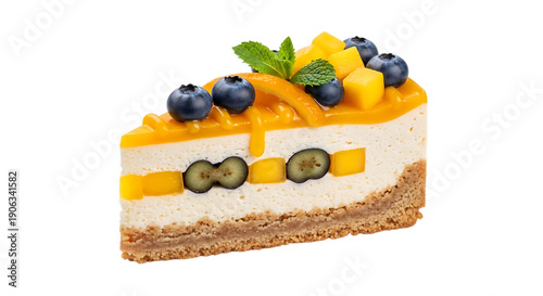 Slice of cheesecake with mango kiwi blueberries and mint on top  dessert with fruit transparent background