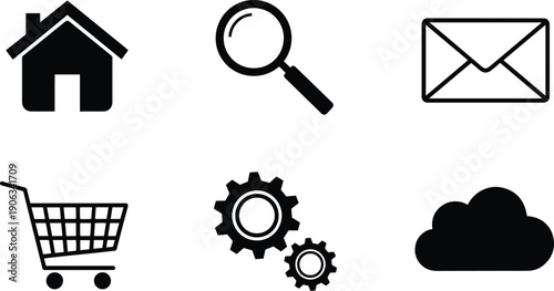 A set of vector silhouette icons featuring a house, magnifying glass, envelope, shopping cart, gears, and cloud
