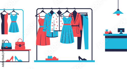 Fashion Boutique Display with Clothing Racks and Counter