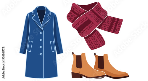 Winter Fashion Ensemble: Blue Coat, Scarf, and Boots