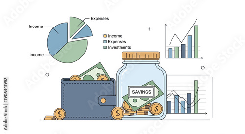 Finance concept: Savings, Investments, Income, Expenses, Wallet, Jar