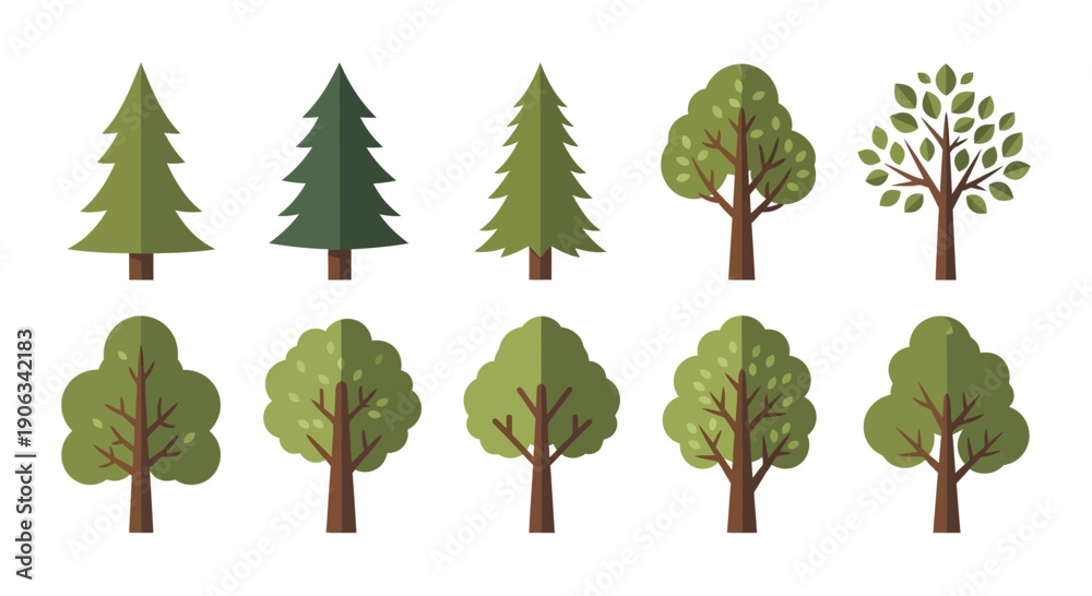 Fototapeta premium Diverse Collection of Flat Style Trees on White Background