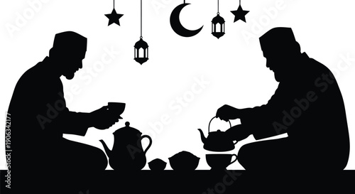 Muslim couple breaking fast together during Ramadan with lanterns and crescent moon