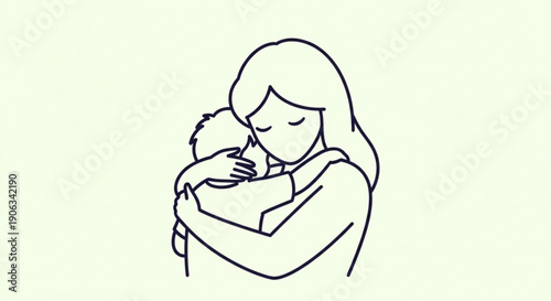 Mother Holding Baby, Line Art Illustration, Love and Care