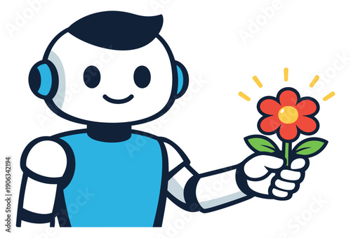 Cute line art illustration of a robot depicting it holding a glowing flower for artificial intelligence and environmental concepts