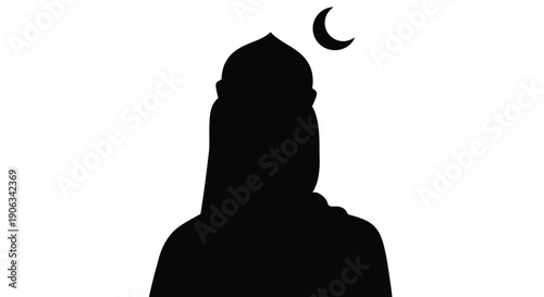 Silhouette of a person with crescent moon on a white background with copy space