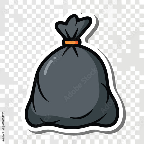 A gray trash bag with a white border and orange tie
