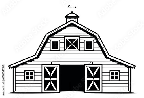 Line art illustration of a barn depicting a traditional farm building with a weathervane for rural and agricultural themes