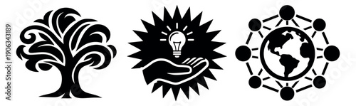 Stylized concept icon set featuring a tree, an idea lightbulb, and a global network for business innovation