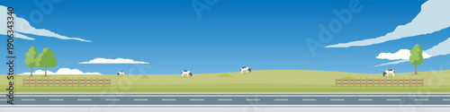 Horizontal or Landscape of asphalt road. Minimalist flat illustration of a peaceful countryside landscape featuring grazing cows in a green field alongside a quiet roadside under a clear blue sky.