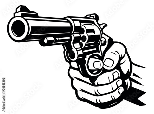 Bold line art illustration of a hand holding a revolver depicting an aggressive stance for concepts of crime and defense