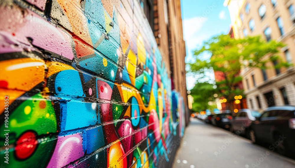 Fototapeta premium Colorful graffiti on a wall in the city. Symbol of street art and life in a metropolis.