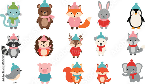Cute winter forest animals cartoon vector set wearing hats and scarves isolated on white background for kids holiday illustration designs