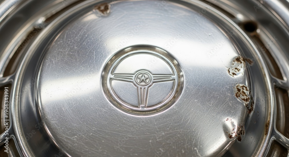 Obraz premium Close up view reveals aged metallic wheel cover featuring a stylized steering wheel emblem.