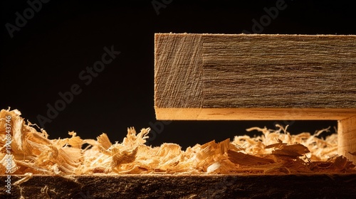 tenon. Macro shot of a traditional woodworking joint, a mortise and tenon nestled in wood shavings. event key visuals, club posters, designed for sports event promotions and stadium branding.