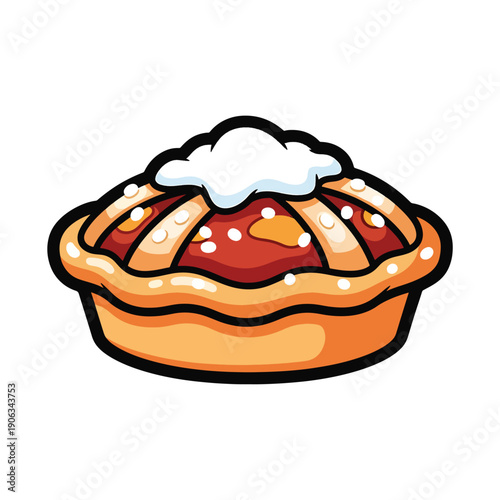 A cartoon-style illustration of a savory pie with a golden crust