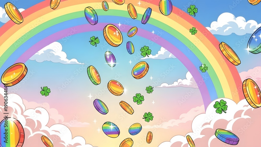 Naklejka premium St patrick's day rainbow gold coins and shamrocks flying in sky