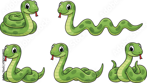 Cute Snake Cartoon Character Set Isolated on White Background Flat Vector Illustration
