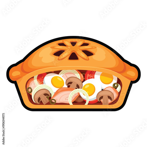 A cartoon-style illustration of a savory pie