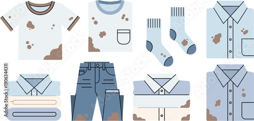 Dirty and Clean Laundry Clothes Collection Set Isolated on White Background Flat Vector Illustration