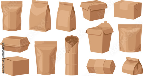 Eco Friendly Paper Food Packaging Collection Set Isolated on White Background Flat Vector Illustration