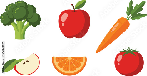 Fresh Fruits and Vegetables Set Isolated on White Background Flat Vector Illustration