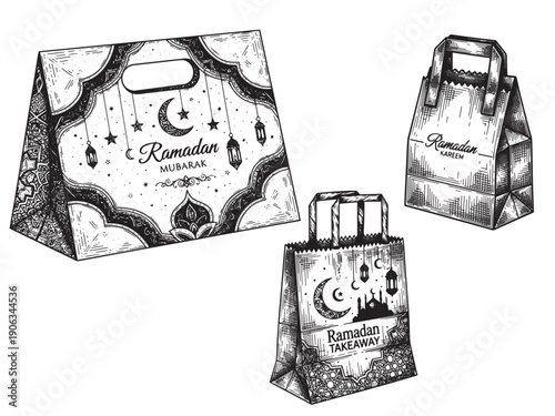 Paper food bag engraving illustration for Ramadan takeaway packaging