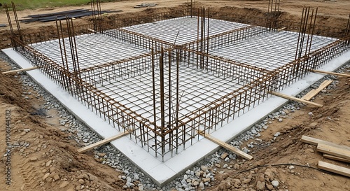 Reinforced concrete foundation in construction stage preparing for house base