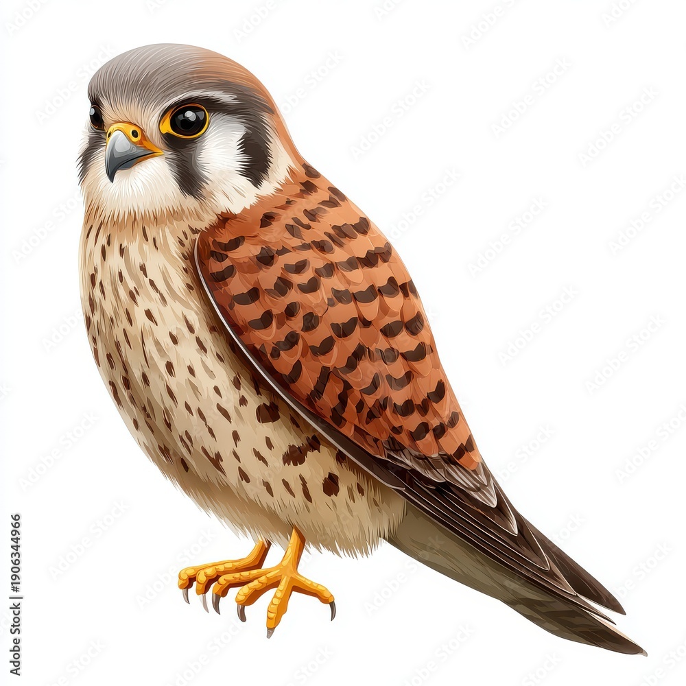 Fototapeta premium American Kestrel Bird Perched In Natural Pose Detailed Feather Texture Close Up On White Background
