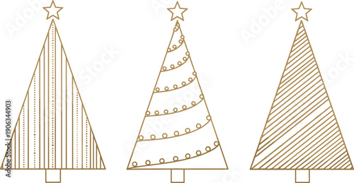 Minimal Christmas tree line art collection with striped dotted and geometric holiday fir designs isolated on white background vector illustration set