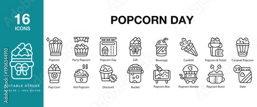 Popcorn Day icon set. Includes popcorn, snack, cinema, movie, butter, crunchy and More. Editable Stroke Icon Collection.