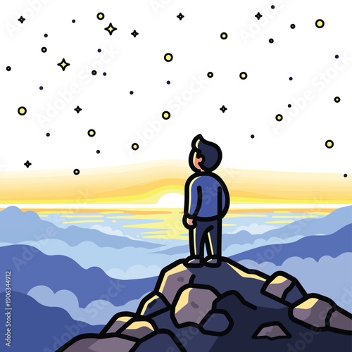 A man stands on a rocky mountain peak, gazing at stars