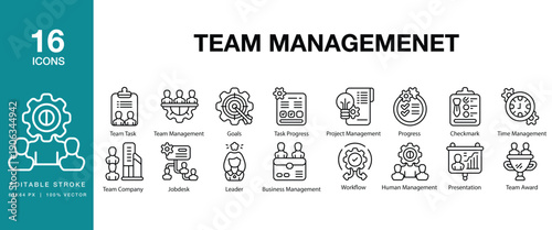 Team Management icon set. Includes team, management, leadership, collaboration, teamwork and More. Editable Stroke Icon Collection.