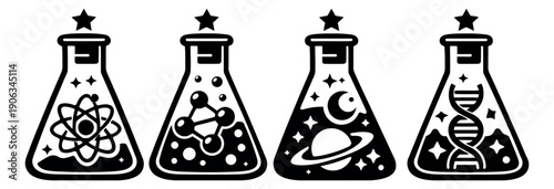 Line art science set featuring atom, molecule, planet, and dna helix for education and research