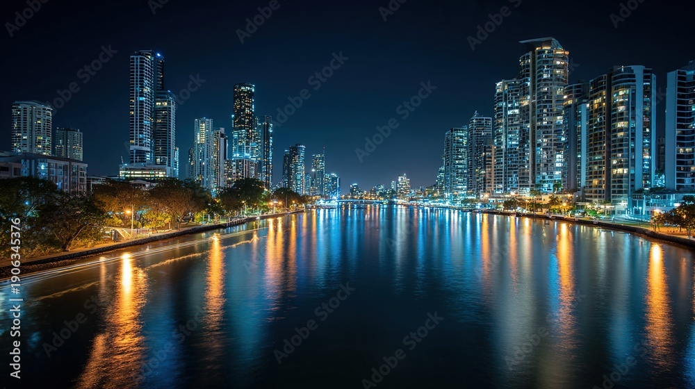 Fototapeta premium longexposure. A nighttime cityscape glows with lights reflecting on the river, captured in a long exposure effect. real-estate listings.