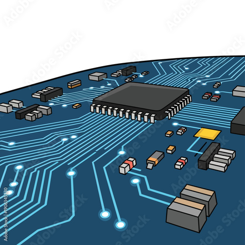 A computer chip on a circuit board with various components