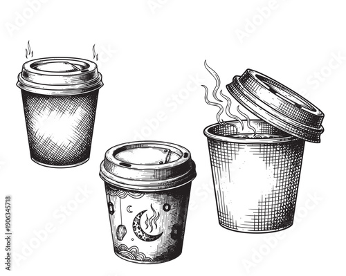 Takeaway soup cup engraving illustration for Ramadan iftar packaging