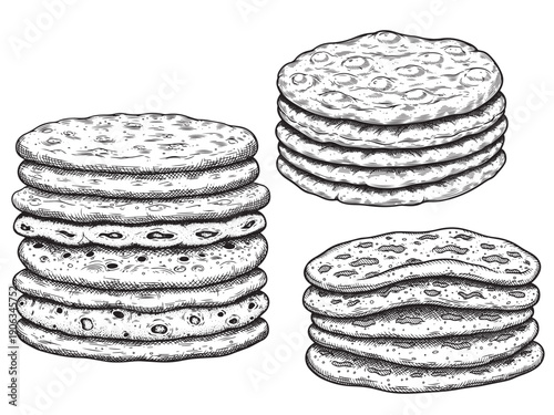 Traditional flatbread engraving illustration for Ramadan food packaging