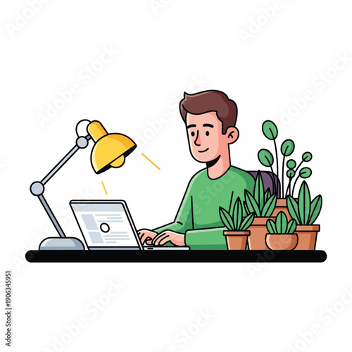 A man works on a laptop with a lamp and houseplants nearby