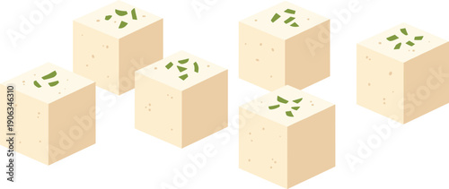 Tofu Cube with Green Garnish Set Isolated on White Background Flat Vector Illustration