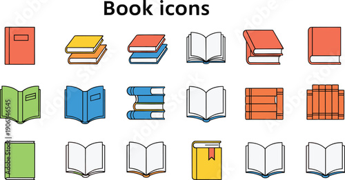 Book icon collection with open closed stacked and hardcover volumes isolated on white background colorful cartoon vector illustration set