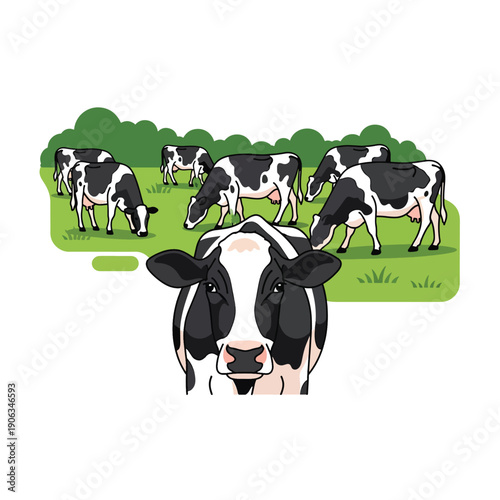 A cow stares directly at the viewer while others graze