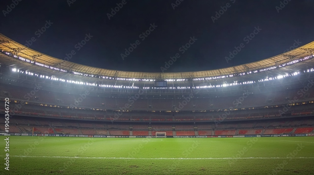 Naklejka premium wideangle. A nighttime stadium exterior with illuminated seating captured in a wide-angle shot. event key visuals, club posters, designed for sports event promotions and stadium branding.