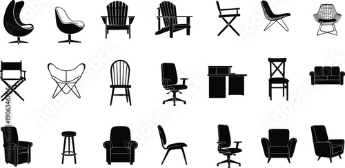 Chair and seating furniture silhouette icon collection with armchairs stools office chairs sofas and modern designs isolated on white background vector set