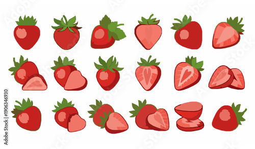 Decorative strawberry icons whole sliced fruit vector collection