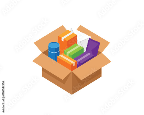 Isometric illustration of an open cardboard box filled with various colorful items and goods, symbolizing package delivery, online shopping, donation, or storage of diverse products and supplies