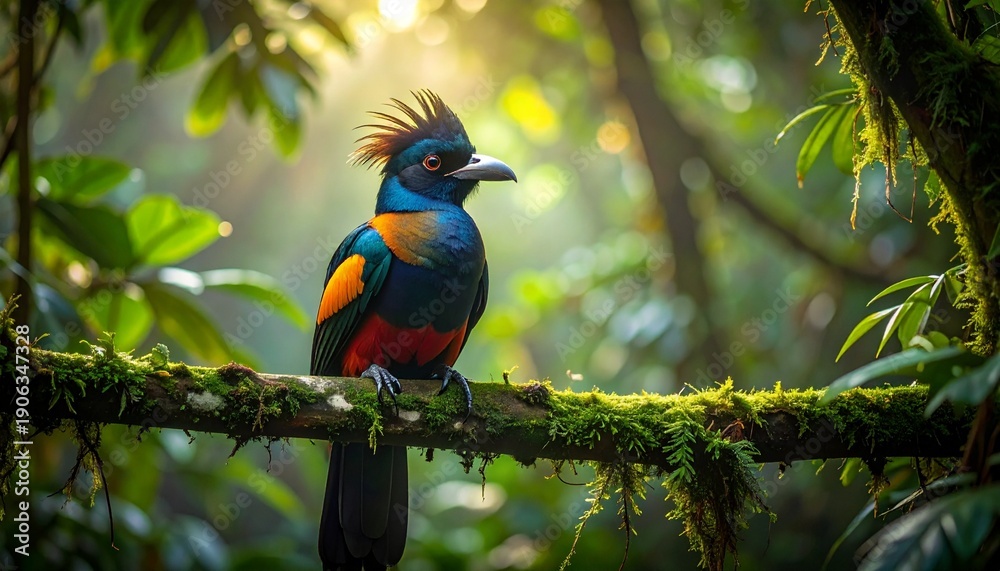Naklejka premium Vibrant Quetzal Bird Perched on Mossy Branch in Lush Forest.